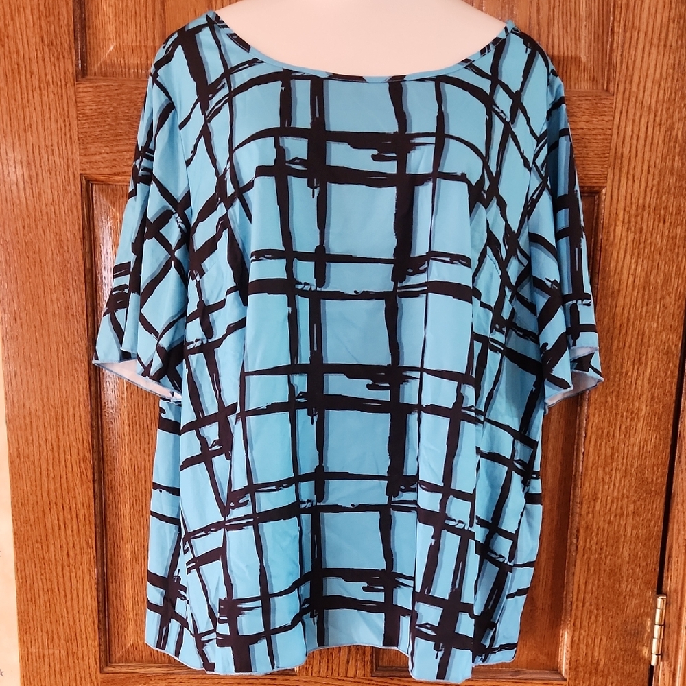 SHEIN Curve Black and Blue Grid Blouse